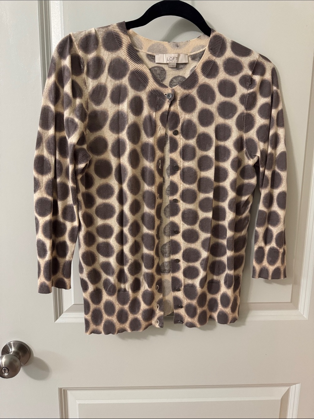 LOFT Cream and Gray Polka Dot Button-Front Cardigan